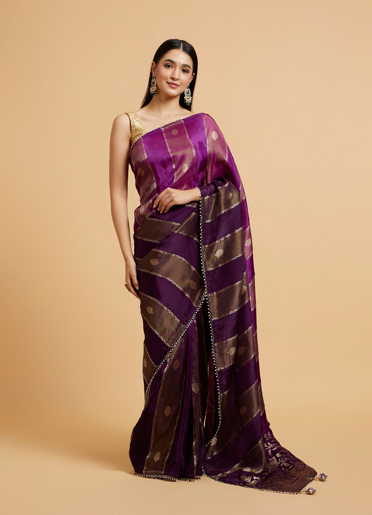 Mohey Women Royal Purple Buta & Striped Patterned Saree with Gota Patti Work