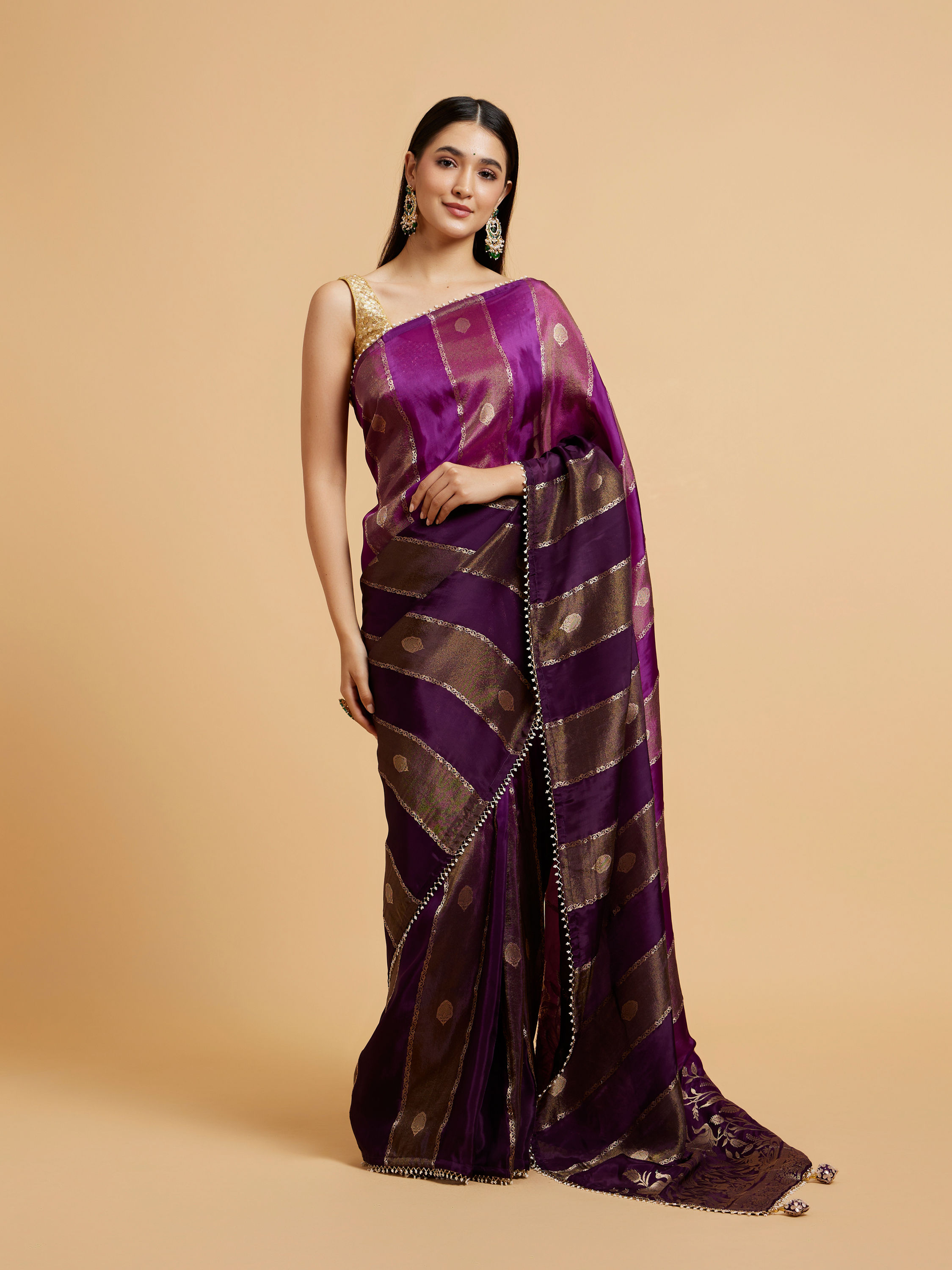 Mohey Women Royal Purple Buta & Striped Patterned Saree with Gota Patti Work