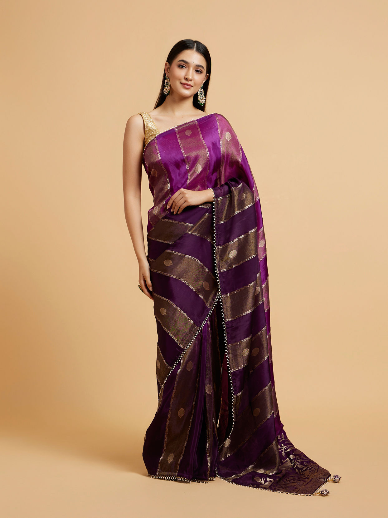 alt message - Mohey Women Royal Purple Buta & Striped Patterned Saree with Gota Patti Work image number 0