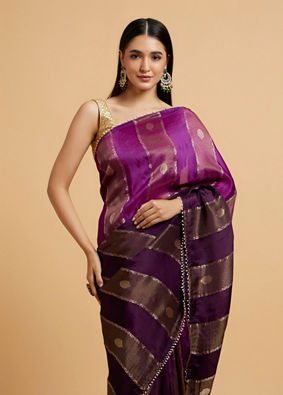 alt message - Mohey Women Royal Purple Buta & Striped Patterned Saree with Gota Patti Work image number 1