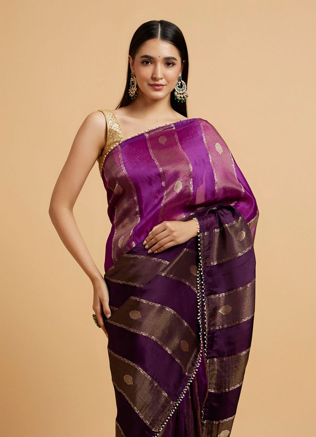 alt message - Mohey Women Royal Purple Buta & Striped Patterned Saree with Gota Patti Work image number 1