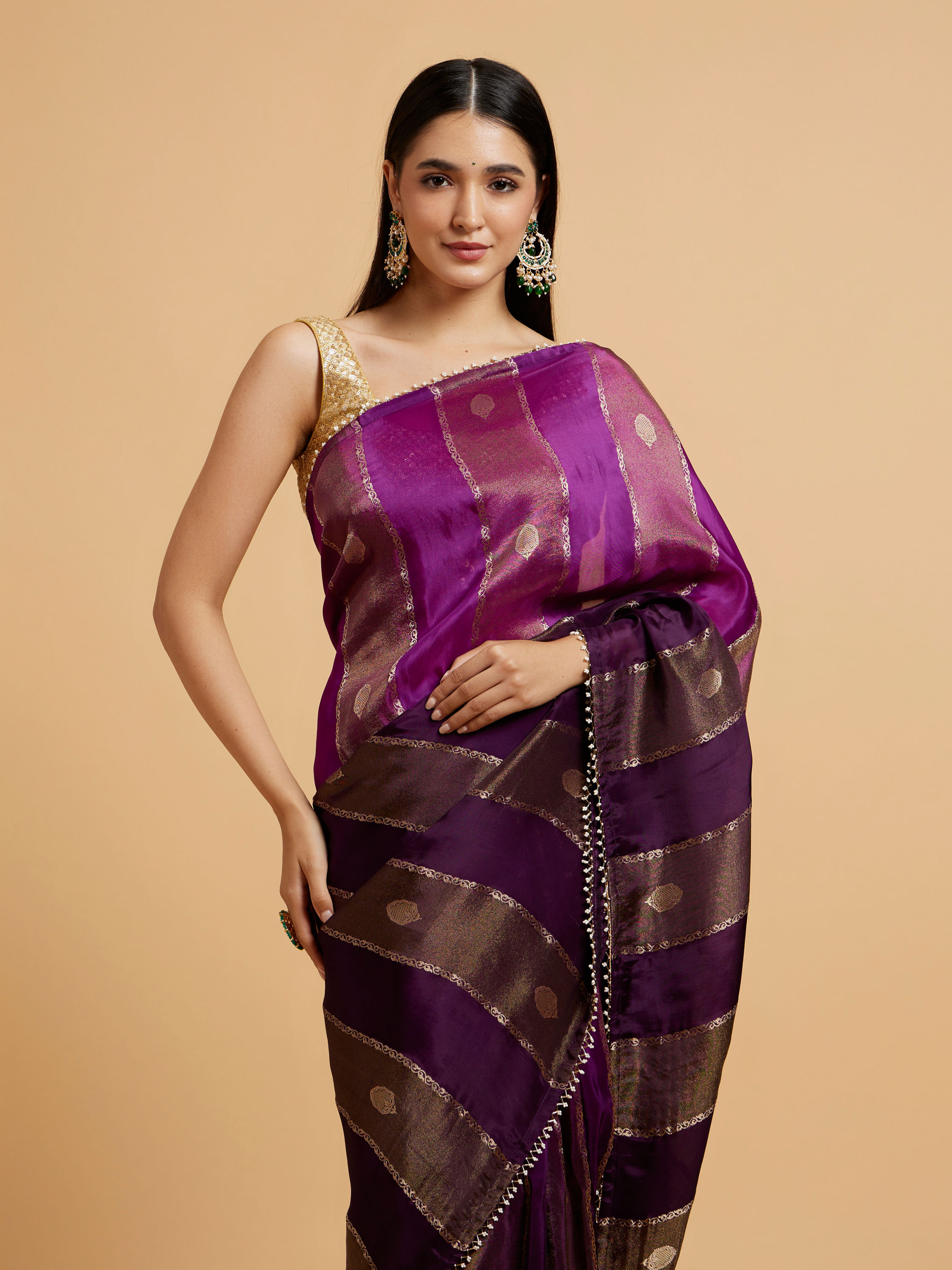 Mohey Women Royal Purple Buta & Striped Patterned Saree with Gota Patti Work