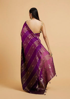 alt message - Mohey Women Royal Purple Buta & Striped Patterned Saree with Gota Patti Work image number 4