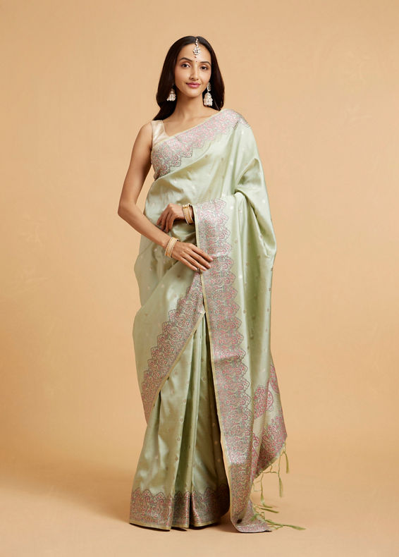 Mohey Women Pista Green Floral Buta Patterned Saree with Paisley Border