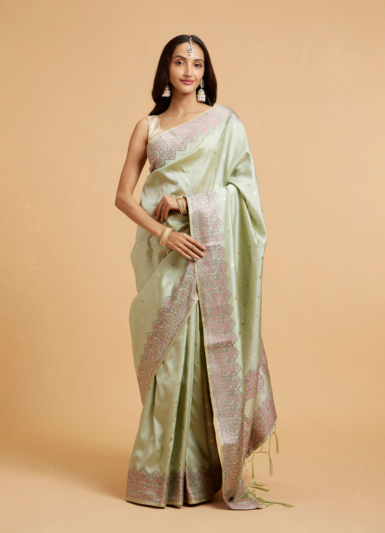 Mohey Women Pista Green Floral Buta Patterned Saree with Paisley Border