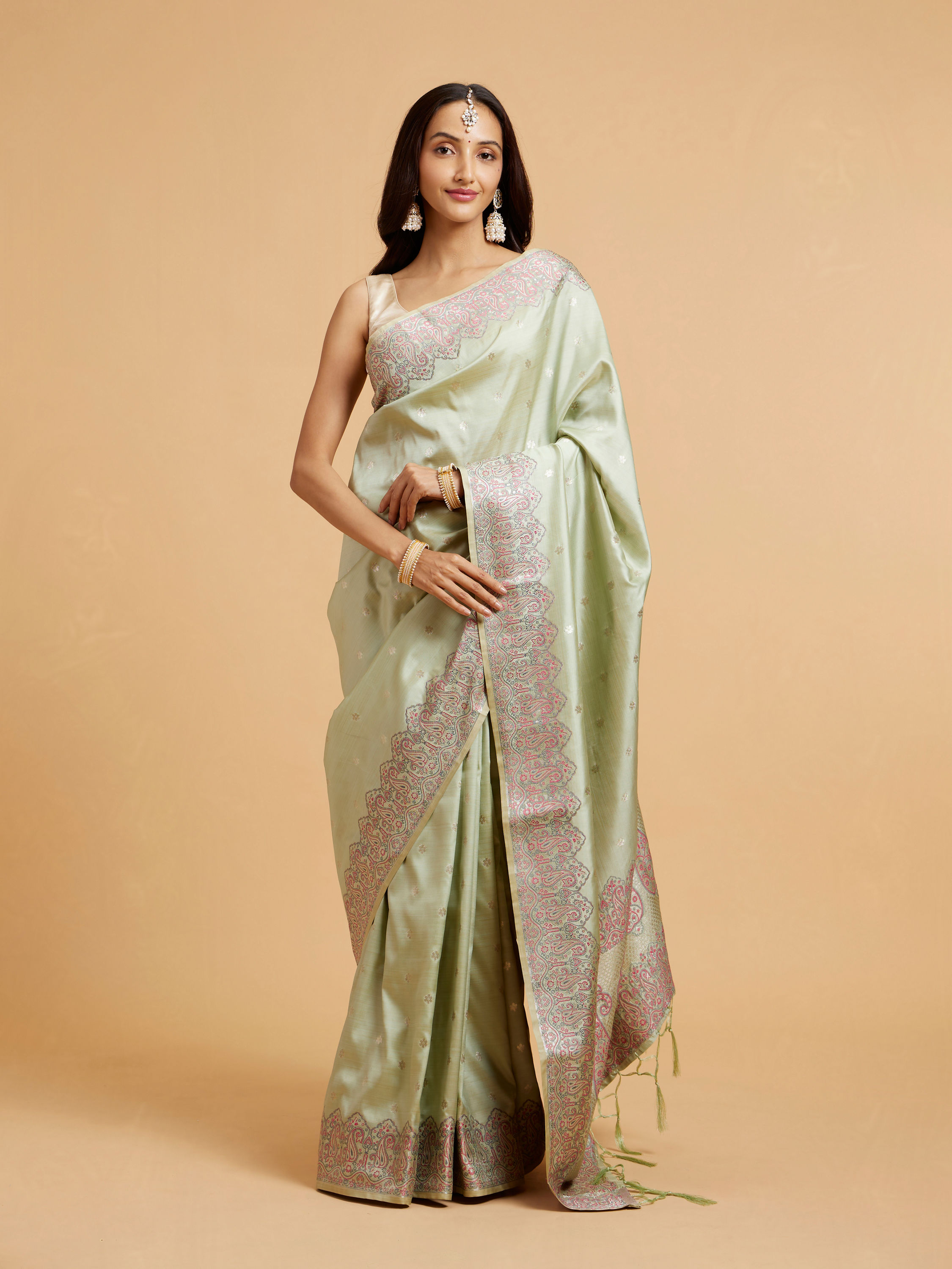 Mohey Women Pista Green Floral Buta Patterned Saree with Paisley Border