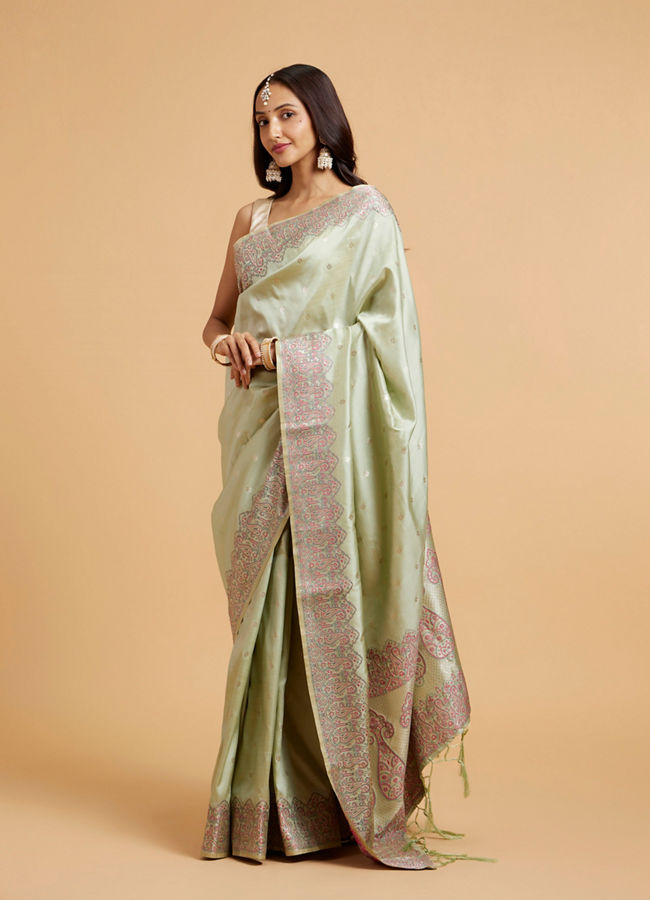 Mohey Women Pista Green Floral Buta Patterned Saree with Paisley Border