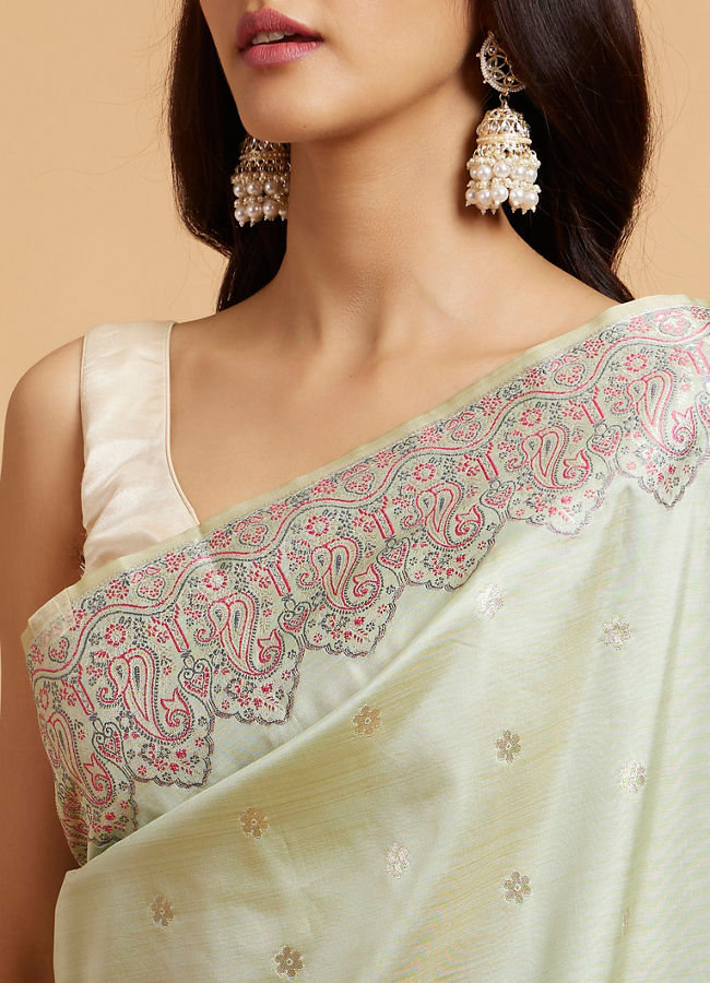 Mohey Women Pista Green Floral Buta Patterned Saree with Paisley Border