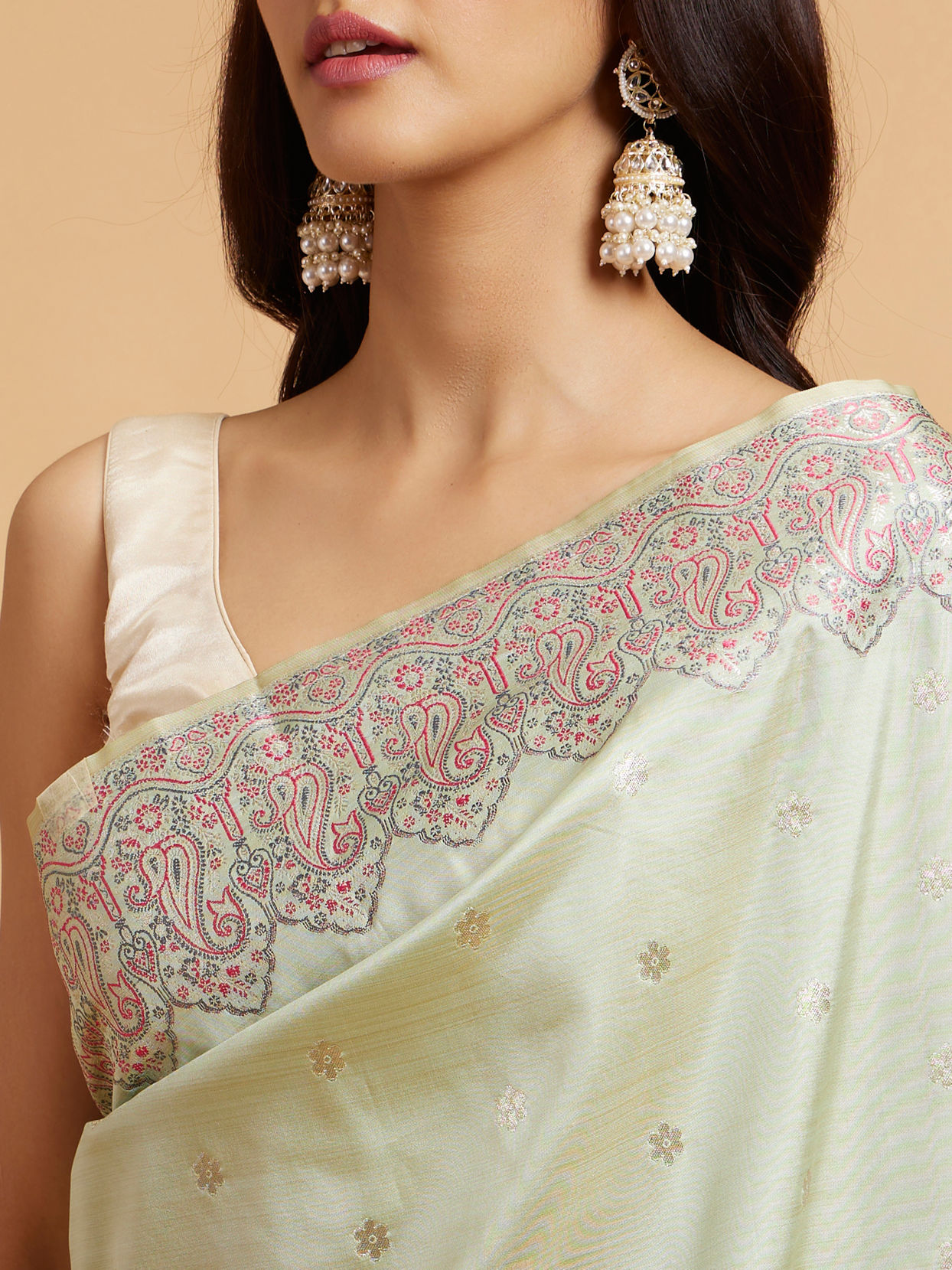 Mohey Women Pista Green Floral Buta Patterned Saree with Paisley Border