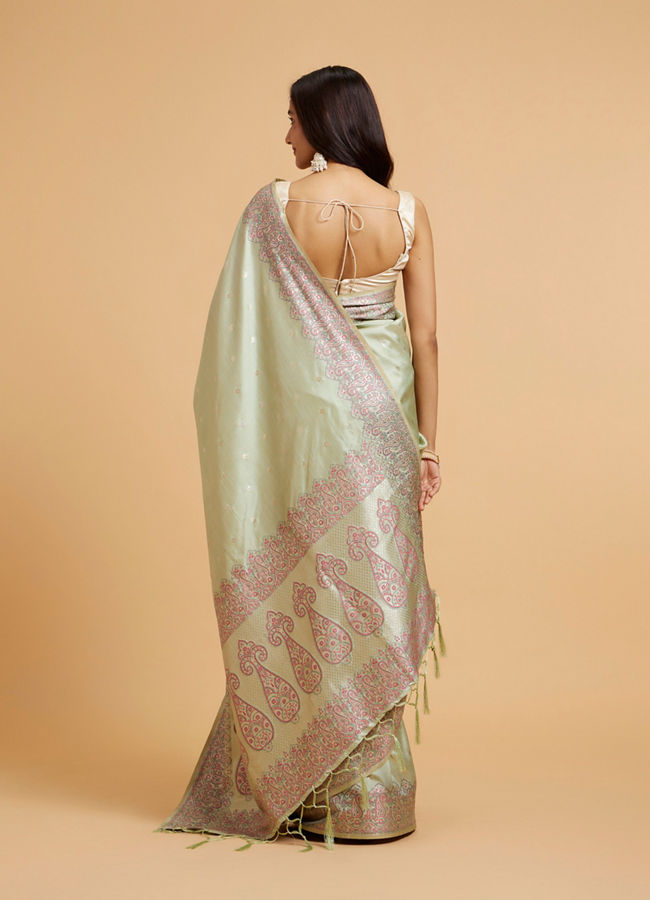 Mohey Women Pista Green Floral Buta Patterned Saree with Paisley Border