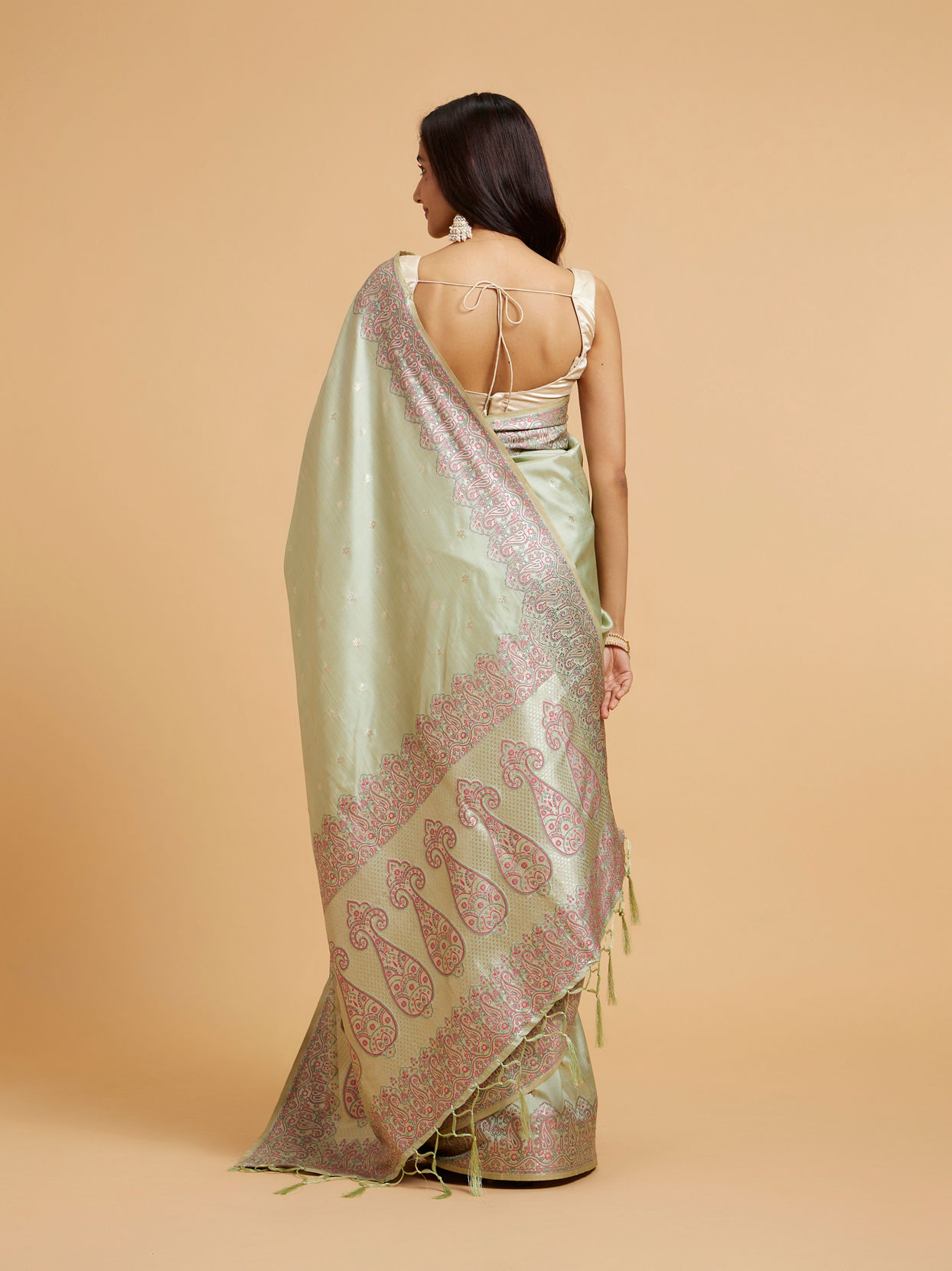 Mohey Women Pista Green Floral Buta Patterned Saree with Paisley Border