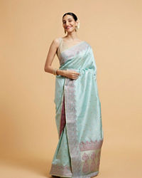 Mohey Women Powder Blue Floral Buta Patterned Saree with Paisley Border