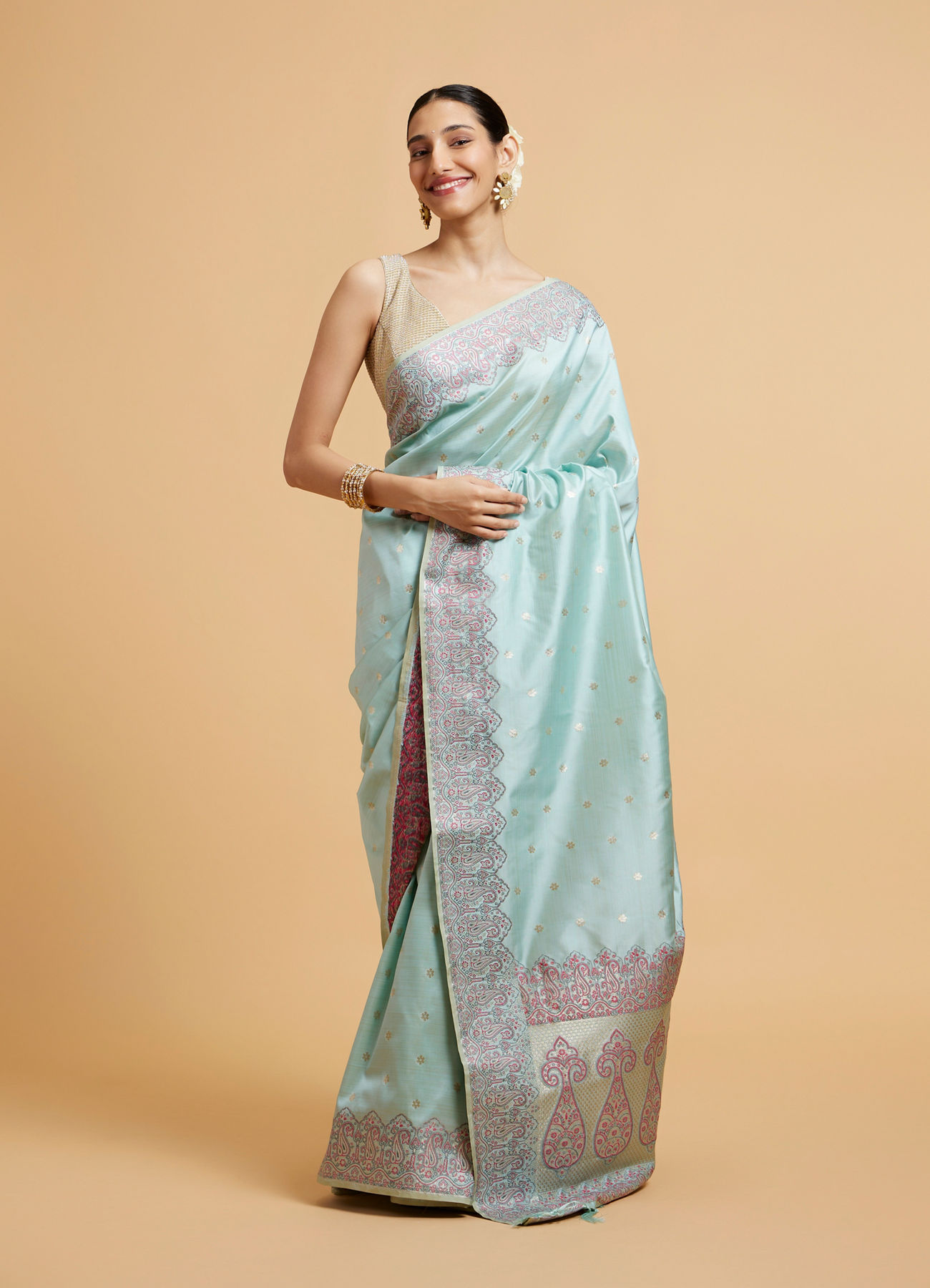 Mohey Women Powder Blue Floral Buta Patterned Saree with Paisley Border