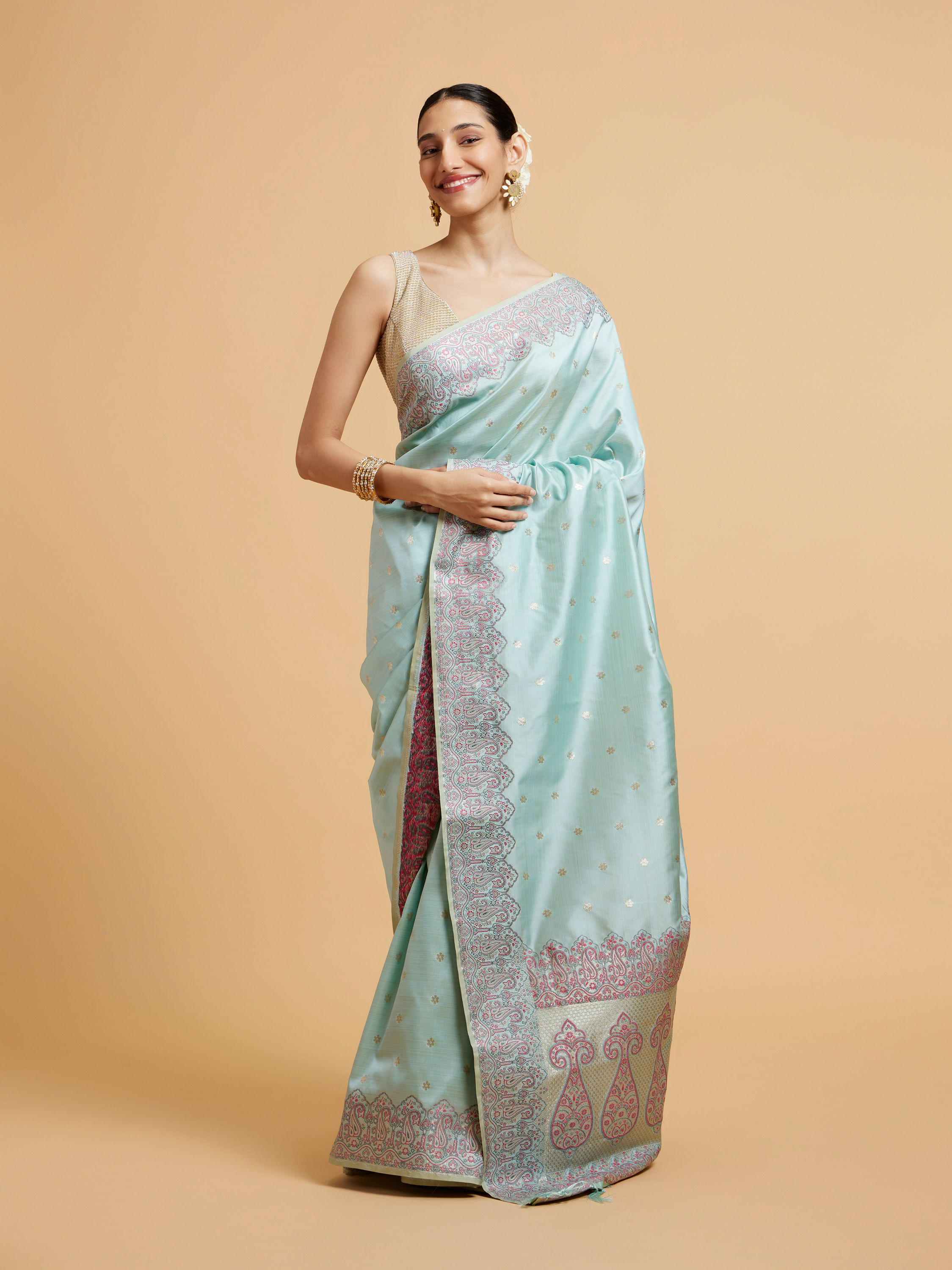 Mohey Women Powder Blue Floral Buta Patterned Saree with Paisley Border