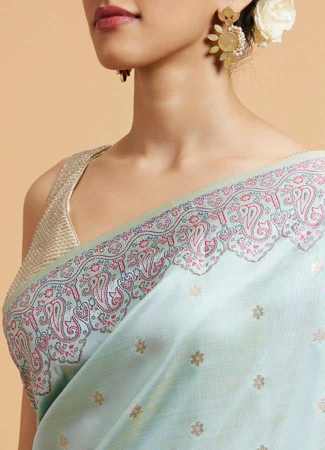 Mohey Women Powder Blue Floral Buta Patterned Saree with Paisley Border