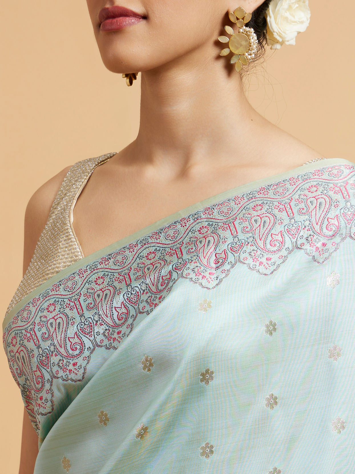 Mohey Women Powder Blue Floral Buta Patterned Saree with Paisley Border