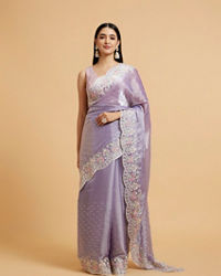 Mohey Women Dewberry Purple Floral Buta Motif Saree with Scallop Borders with Floral Bel Embroidery