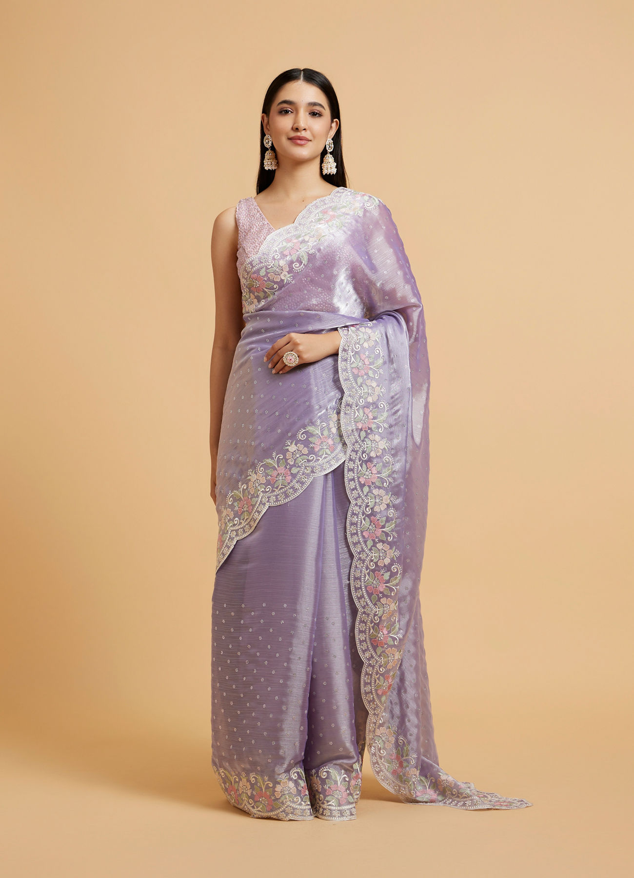 Mohey Women Dewberry Purple Floral Buta Motif Saree with Scallop Borders with Floral Bel Embroidery