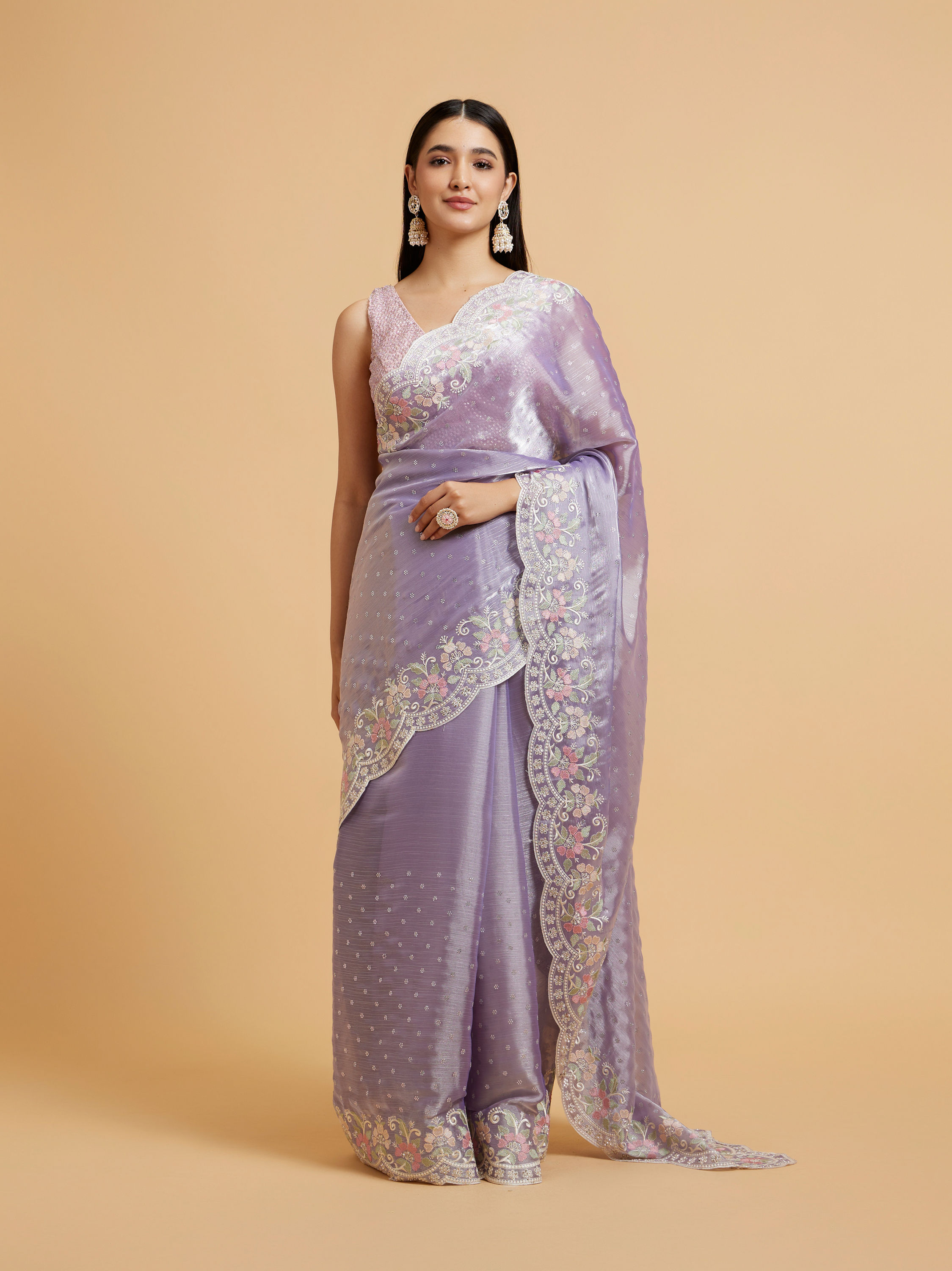 Mohey Women Dewberry Purple Floral Buta Motif Saree with Scallop Borders with Floral Bel Embroidery