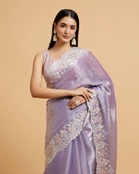 Mohey Women Dewberry Purple Floral Buta Motif Saree with Scallop Borders with Floral Bel Embroidery