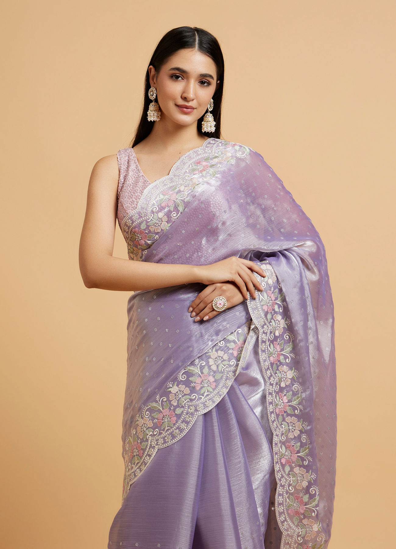 Mohey Women Dewberry Purple Floral Buta Motif Saree with Scallop Borders with Floral Bel Embroidery
