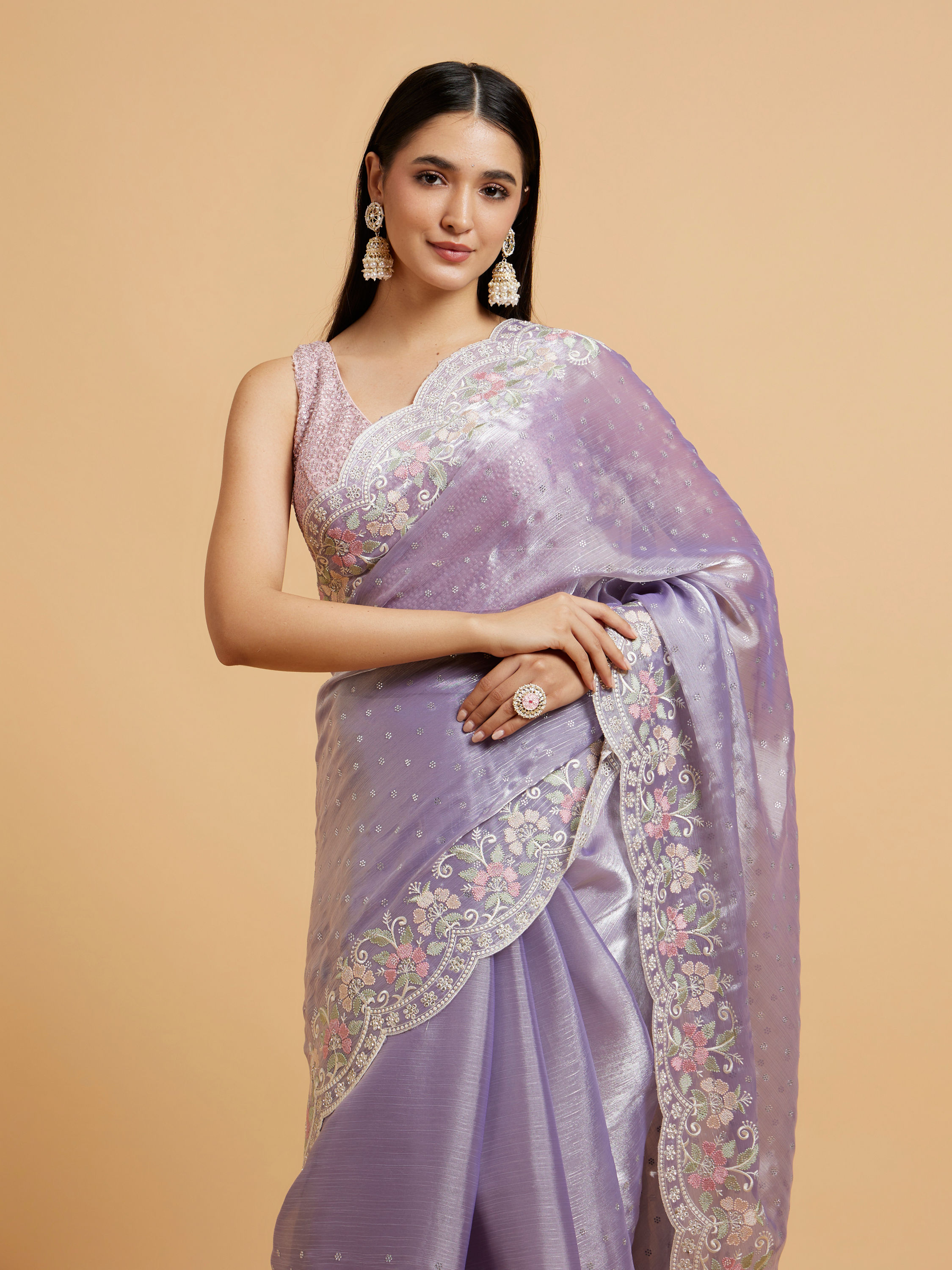 Mohey Women Dewberry Purple Floral Buta Motif Saree with Scallop Borders with Floral Bel Embroidery