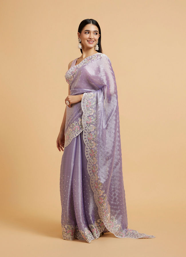 Mohey Women Dewberry Purple Floral Buta Motif Saree with Scallop Borders with Floral Bel Embroidery