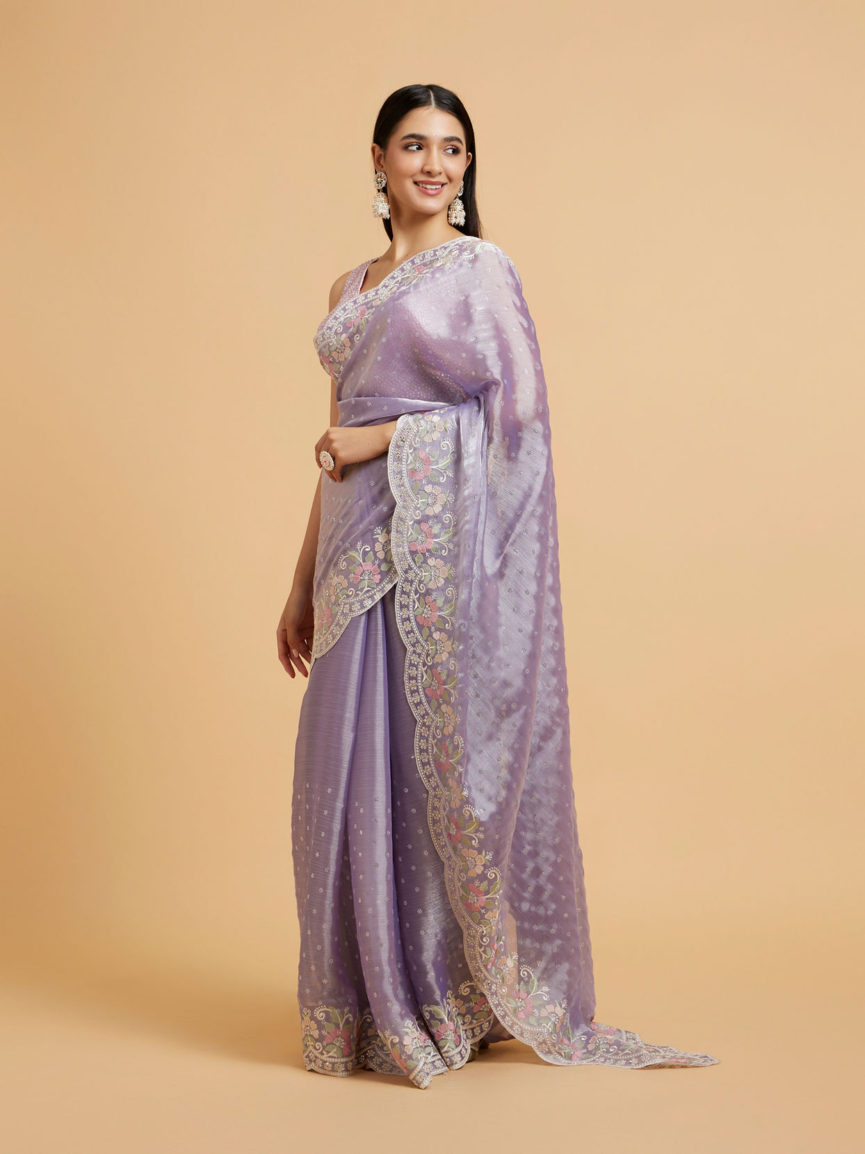 Mohey Women Dewberry Purple Floral Buta Motif Saree with Scallop Borders with Floral Bel Embroidery