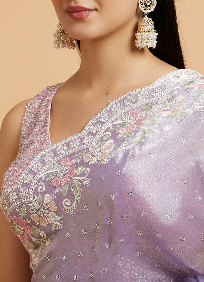 Mohey Women Dewberry Purple Floral Buta Motif Saree with Scallop Borders with Floral Bel Embroidery