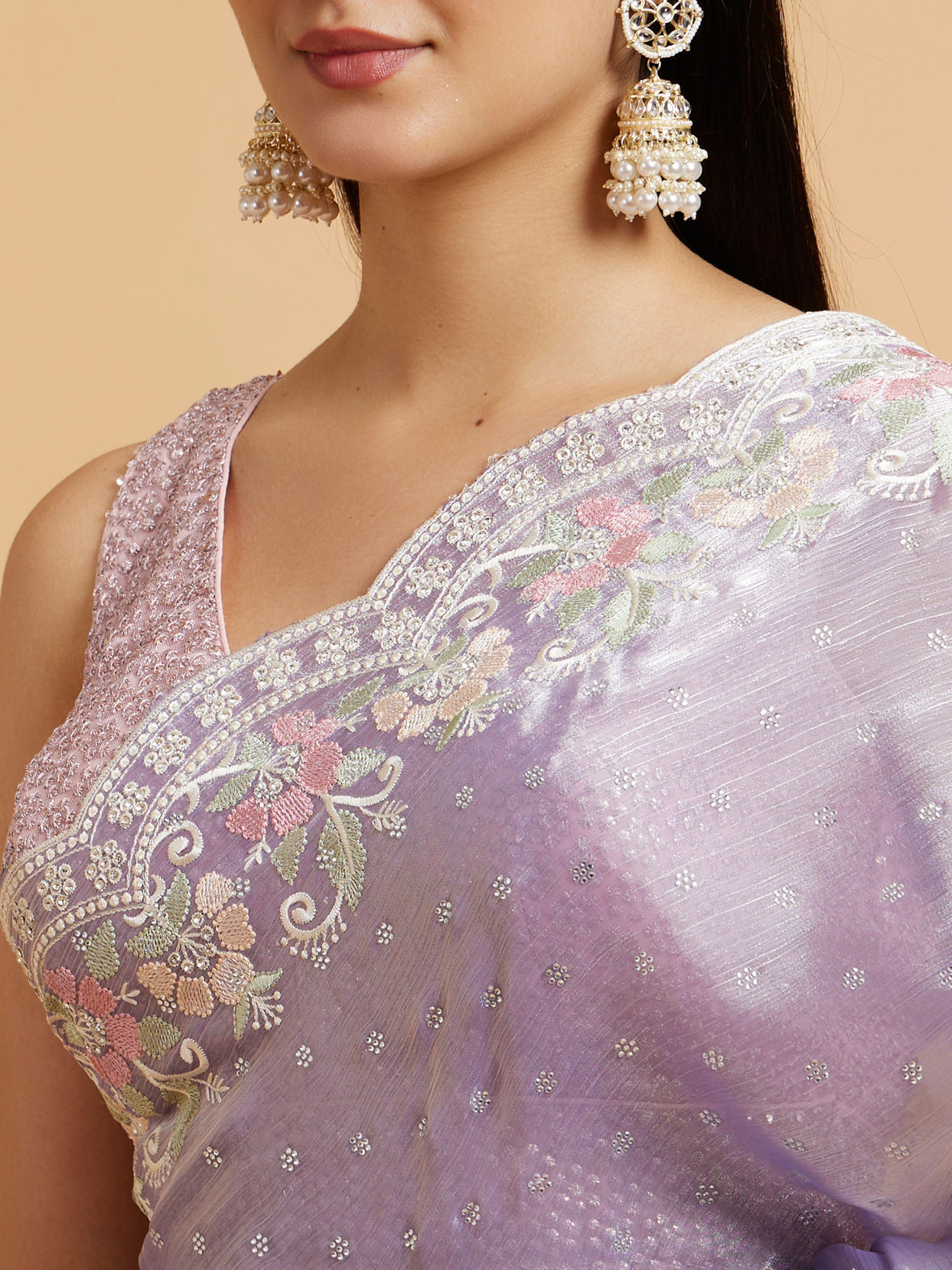 Mohey Women Dewberry Purple Floral Buta Motif Saree with Scallop Borders with Floral Bel Embroidery