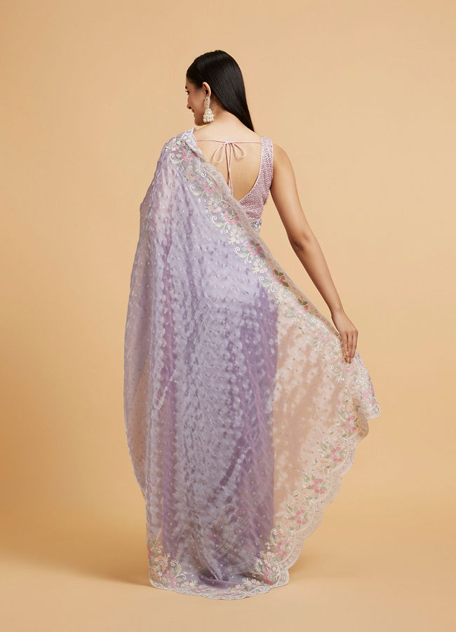 Mohey Women Dewberry Purple Floral Buta Motif Saree with Scallop Borders with Floral Bel Embroidery