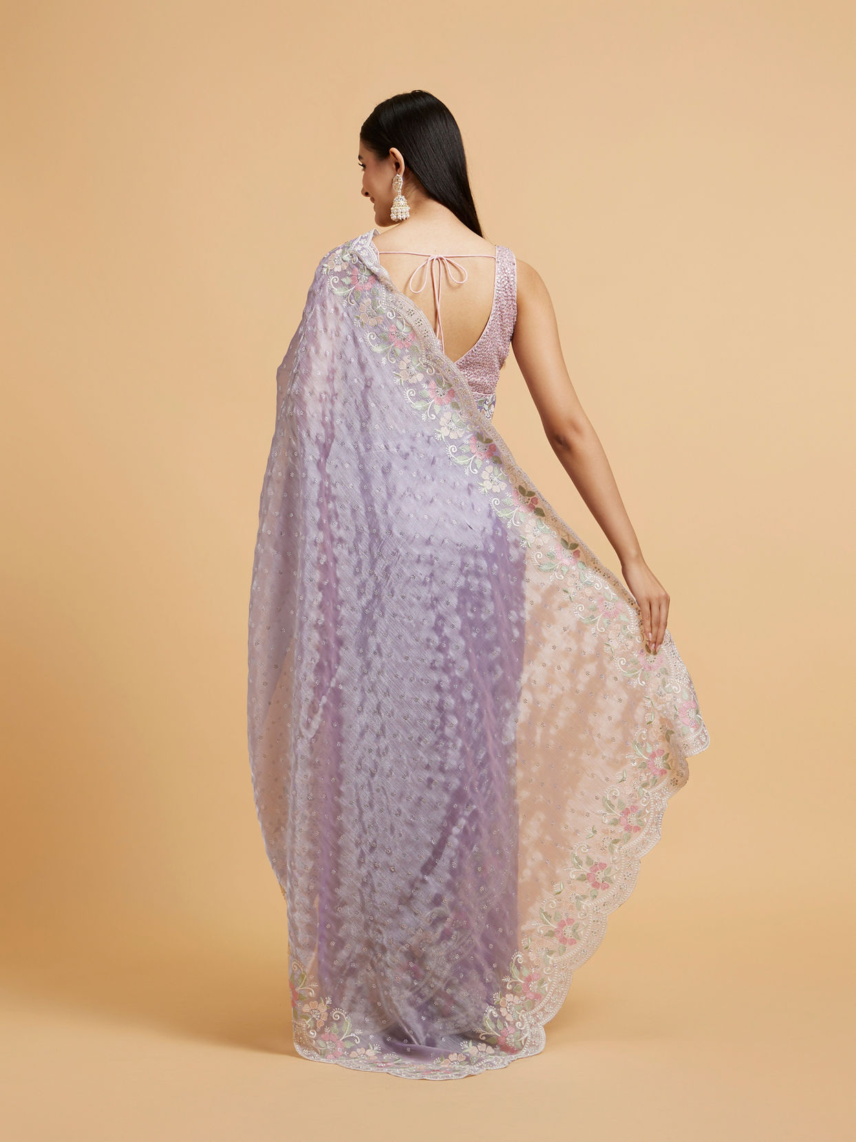 Mohey Women Dewberry Purple Floral Buta Motif Saree with Scallop Borders with Floral Bel Embroidery