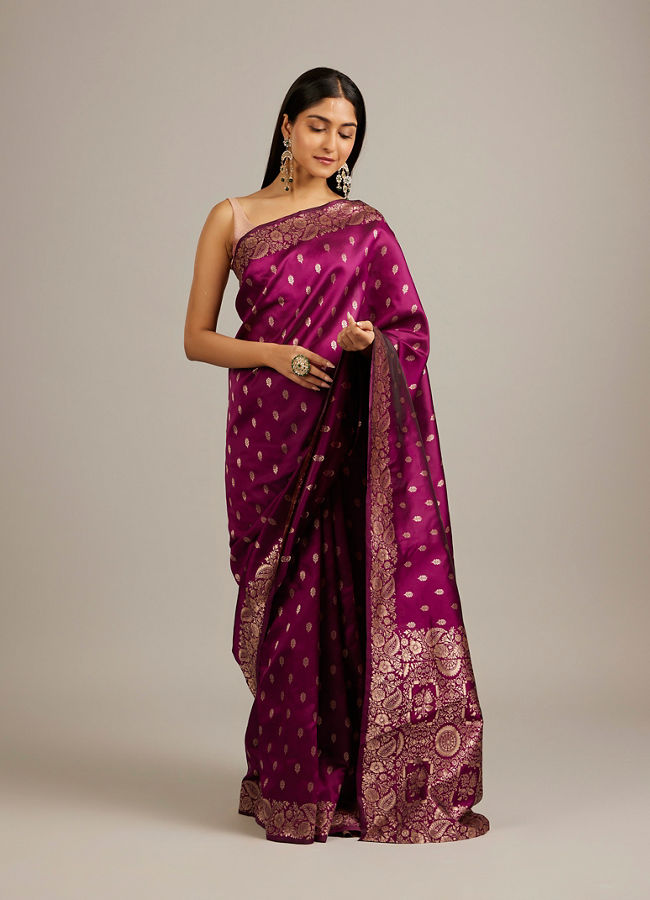 Mohey Women Wine Red Floral Buta Jaal Patterned Saree with Bel Buti Borders