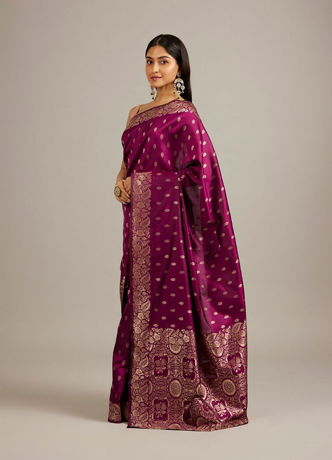 Mohey Women Wine Red Floral Buta Jaal Patterned Saree with Bel Buti Borders