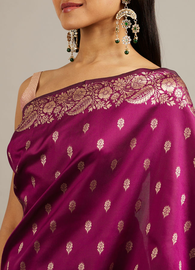 Mohey Women Wine Red Floral Buta Jaal Patterned Saree with Bel Buti Borders