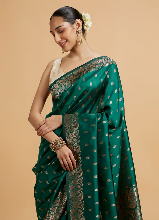 Mohey Women Bottle Green Floral Buta Patterned Saree with Intricate borders