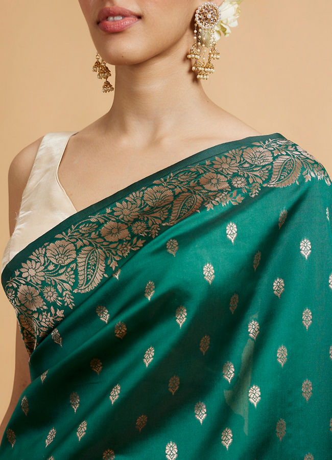 Mohey Women Bottle Green Floral Buta Patterned Saree with Intricate borders image number 3