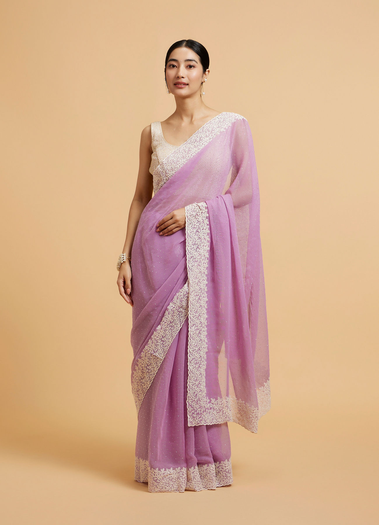 Mohey Women Soft Purple Rhinestone Embellished Saree with Bel Patterned Border