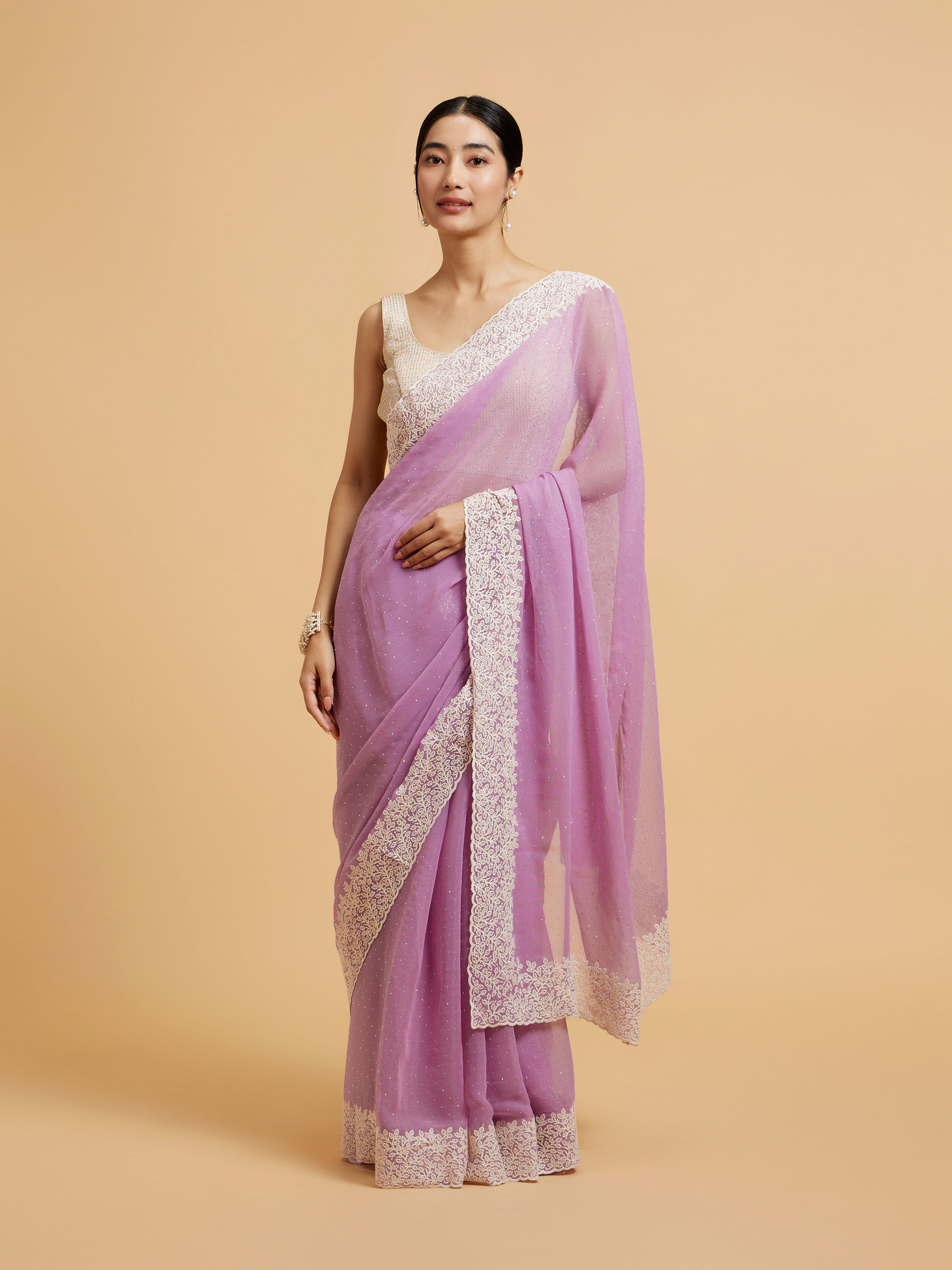 Mohey Women Soft Purple Rhinestone Embellished Saree with Bel Patterned Border