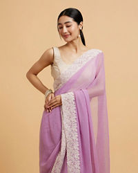 Mohey Women Soft Purple Rhinestone Embellished Saree with Bel Patterned Border