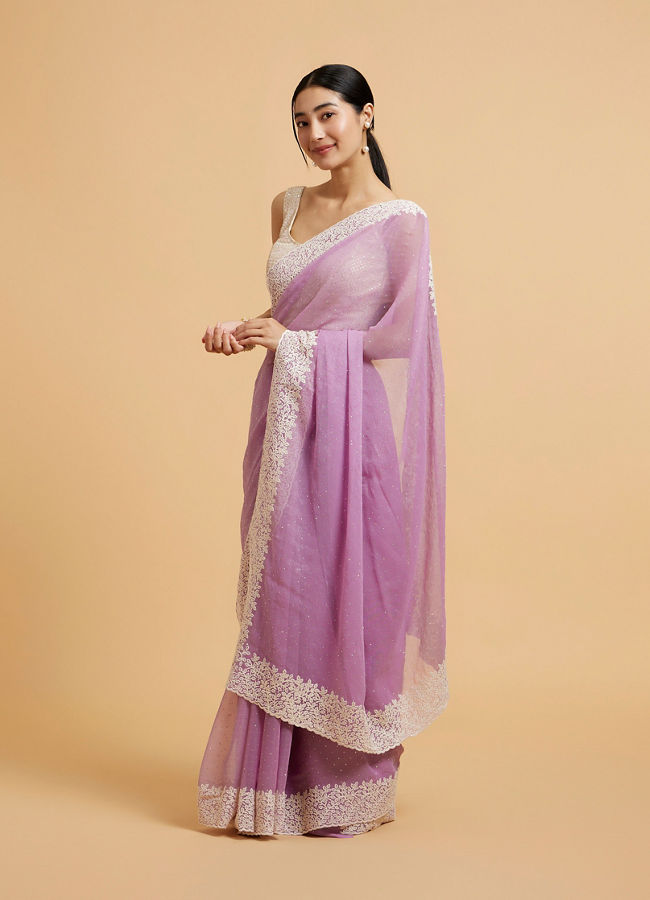 Mohey Women Soft Purple Rhinestone Embellished Saree with Bel Patterned Border