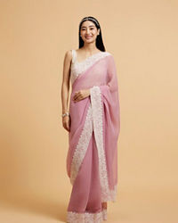 Mohey Women Puce Pink Rhinestone Embellished Saree with Bel Patterned Border