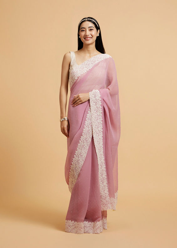 Mohey Women Puce Pink Rhinestone Embellished Saree with Bel Patterned Border
