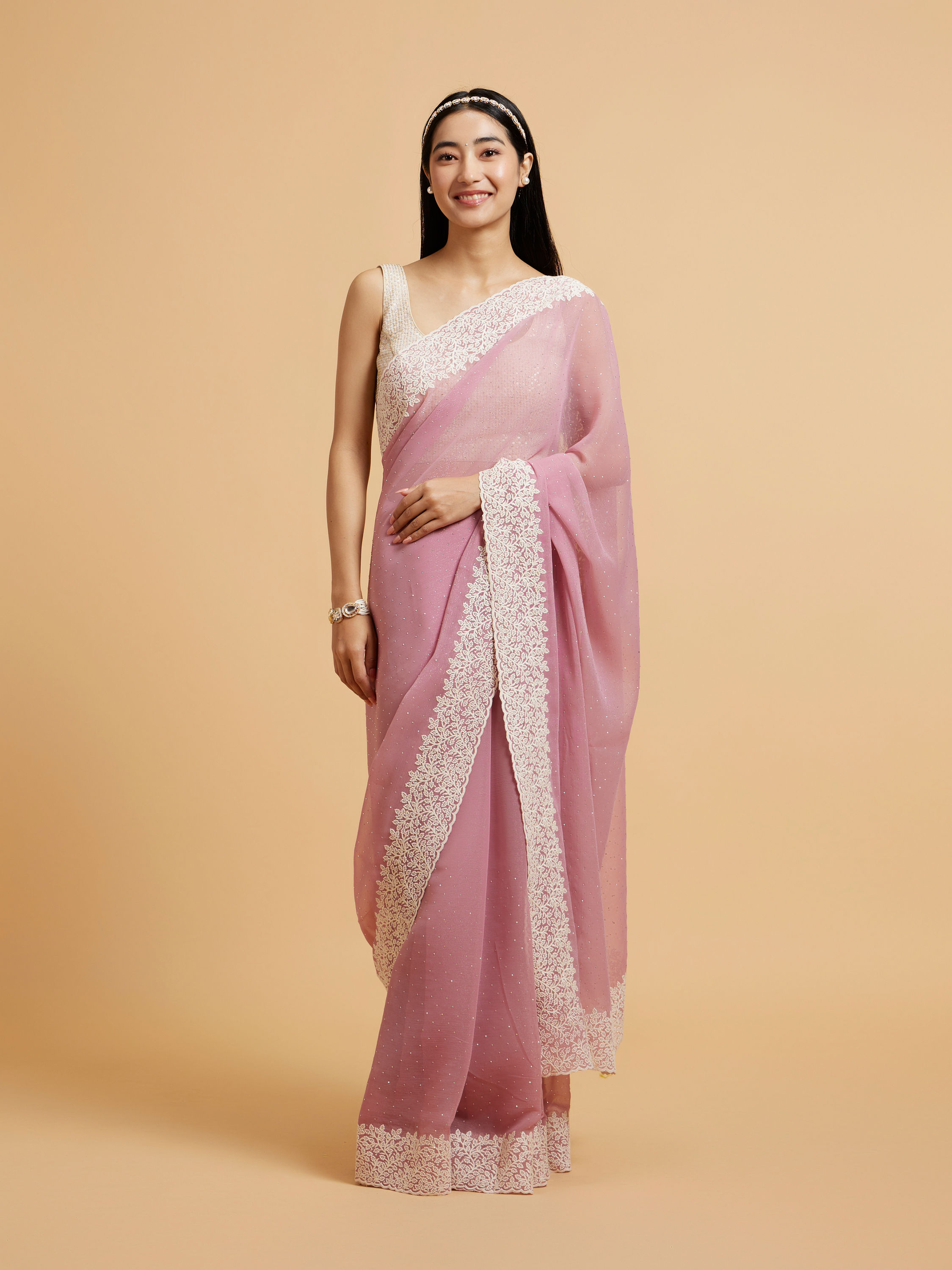 Mohey Women Puce Pink Rhinestone Embellished Saree with Bel Patterned Border