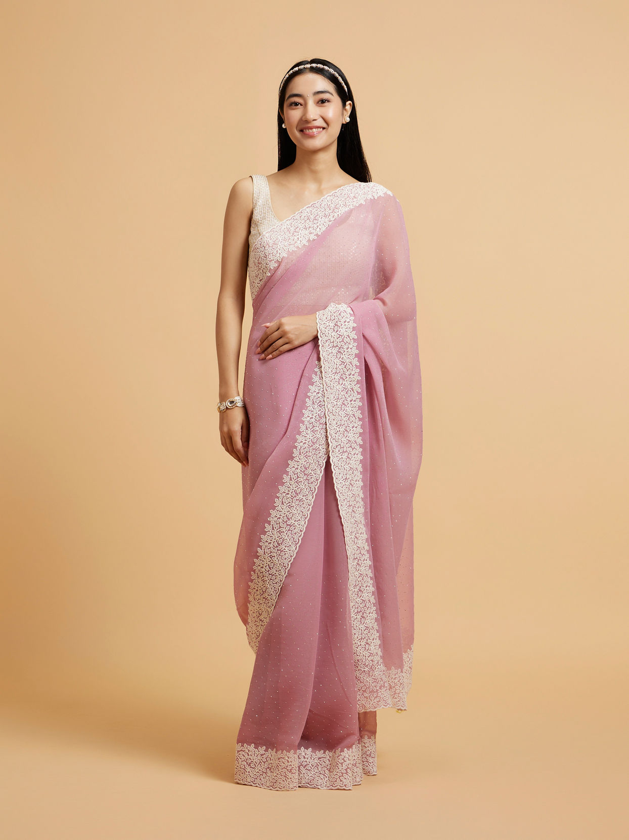 Mohey Women Puce Pink Rhinestone Embellished Saree with Bel Patterned Border image number 0