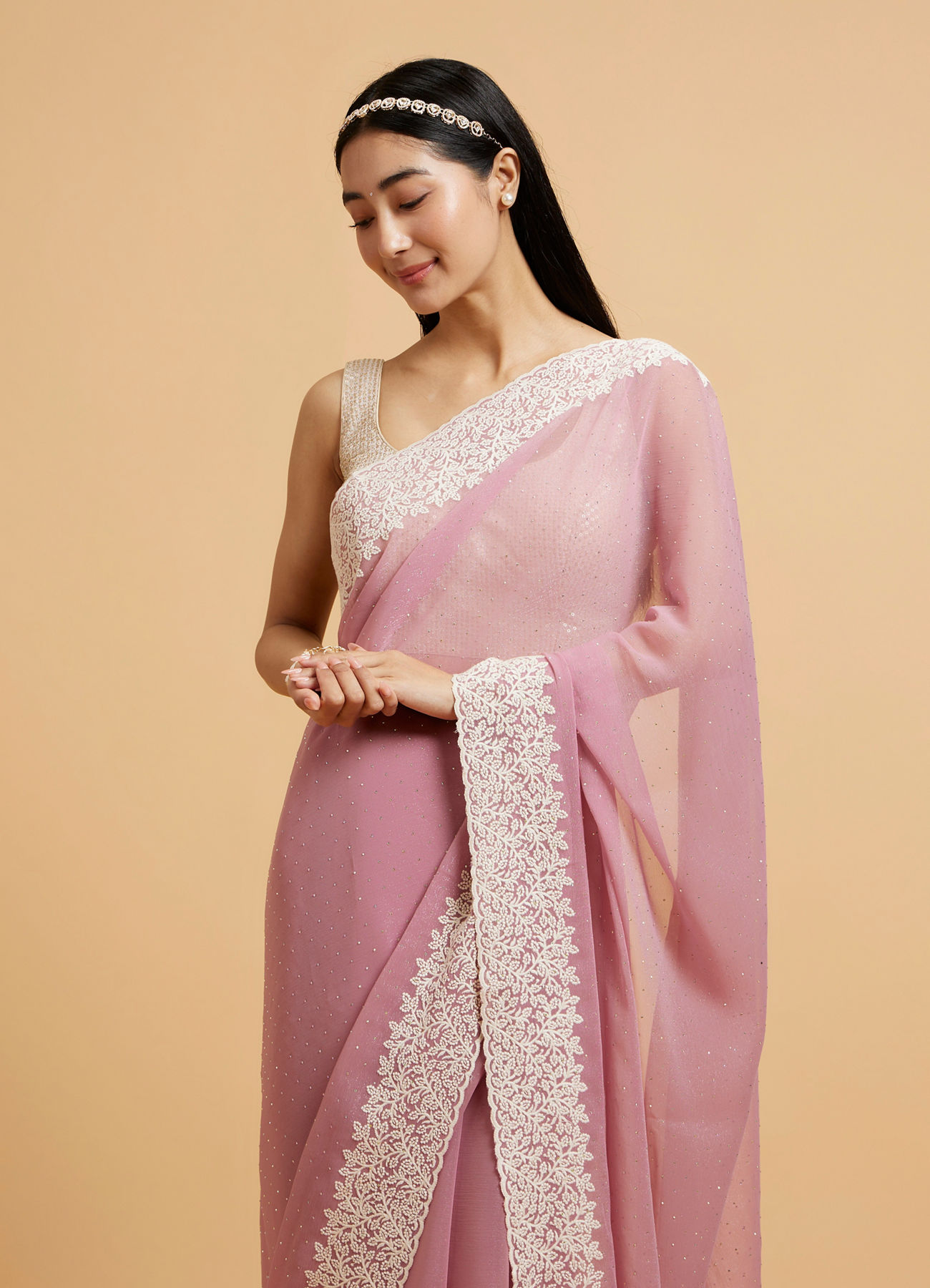 Mohey Women Puce Pink Rhinestone Embellished Saree with Bel Patterned Border