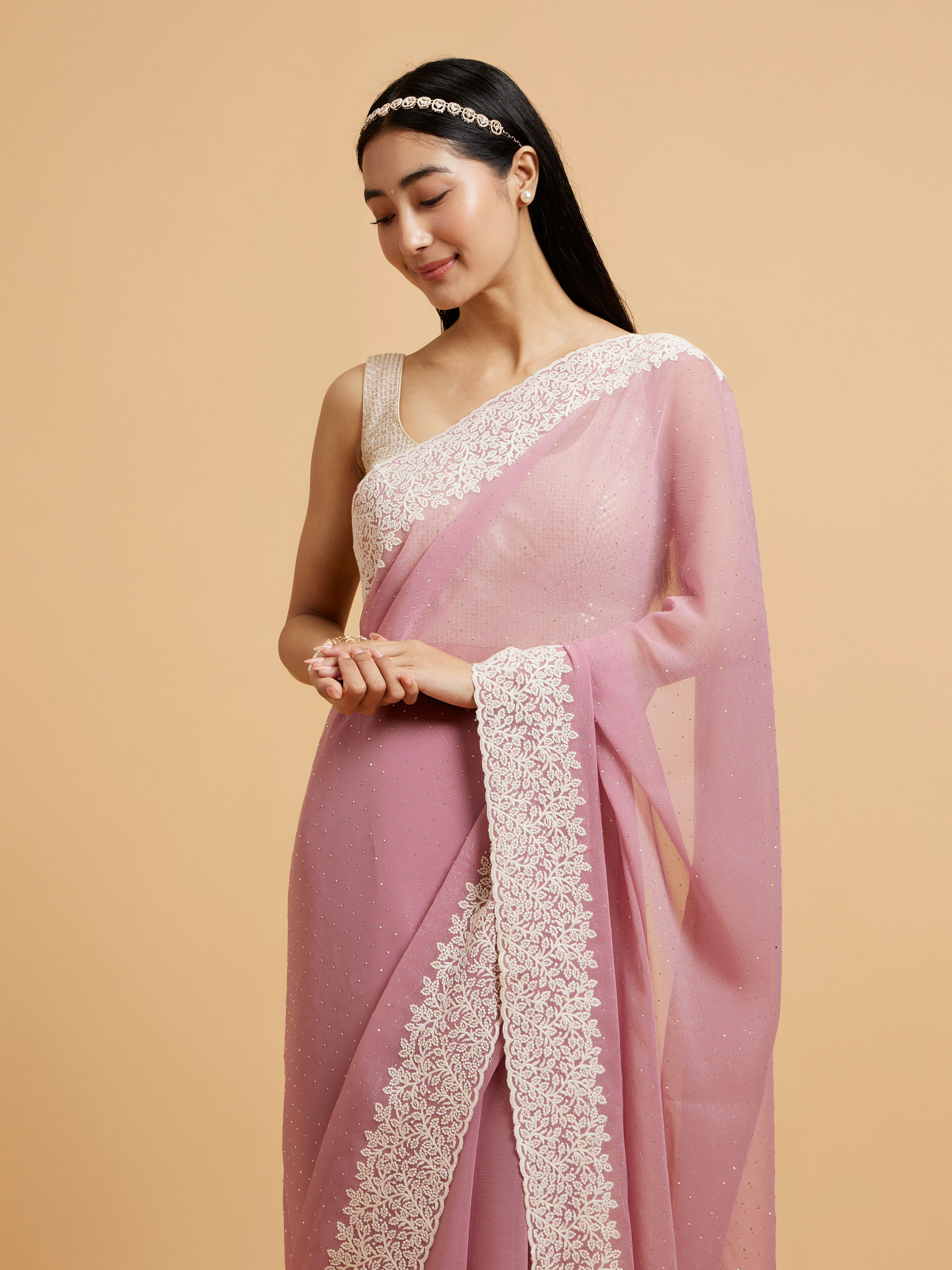 Mohey Women Puce Pink Rhinestone Embellished Saree with Bel Patterned Border
