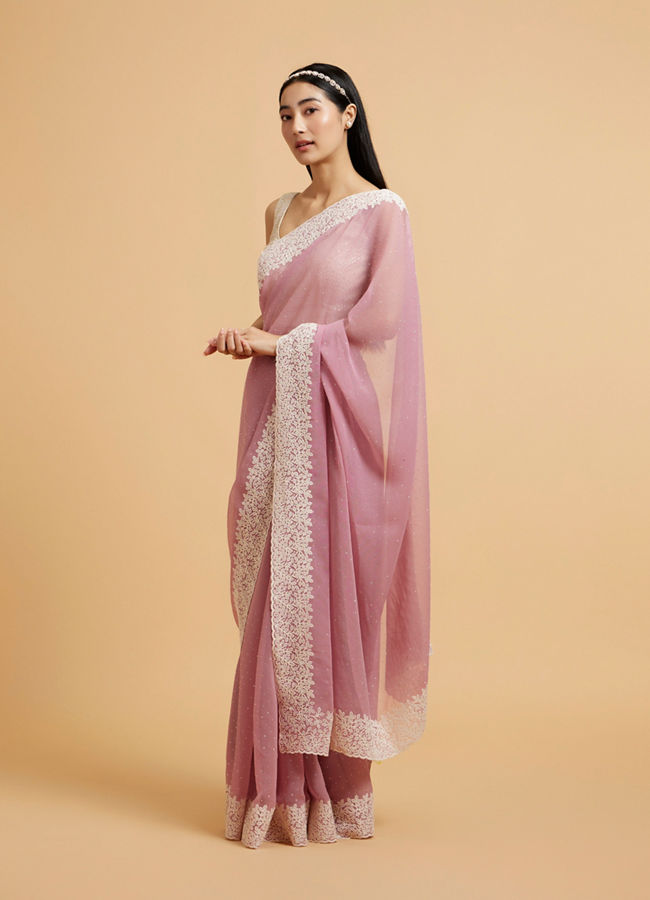 Mohey Women Puce Pink Rhinestone Embellished Saree with Bel Patterned Border