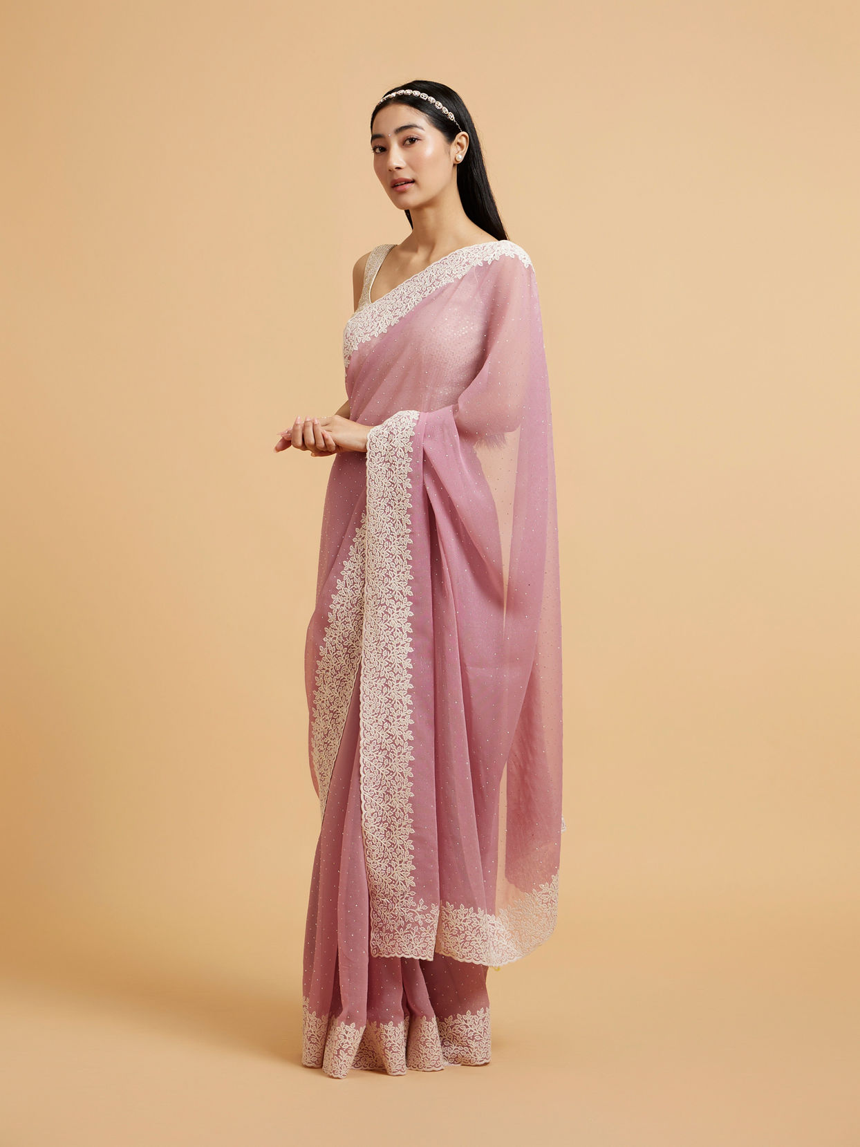 Mohey Women Puce Pink Rhinestone Embellished Saree with Bel Patterned Border