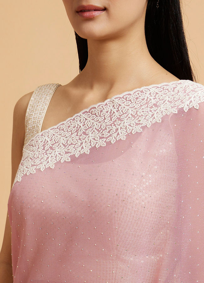 Mohey Women Puce Pink Rhinestone Embellished Saree with Bel Patterned Border